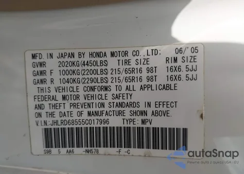 2005 Honda Cr-V Lx из США, поврежденный, VIN JHLRD68555C017996